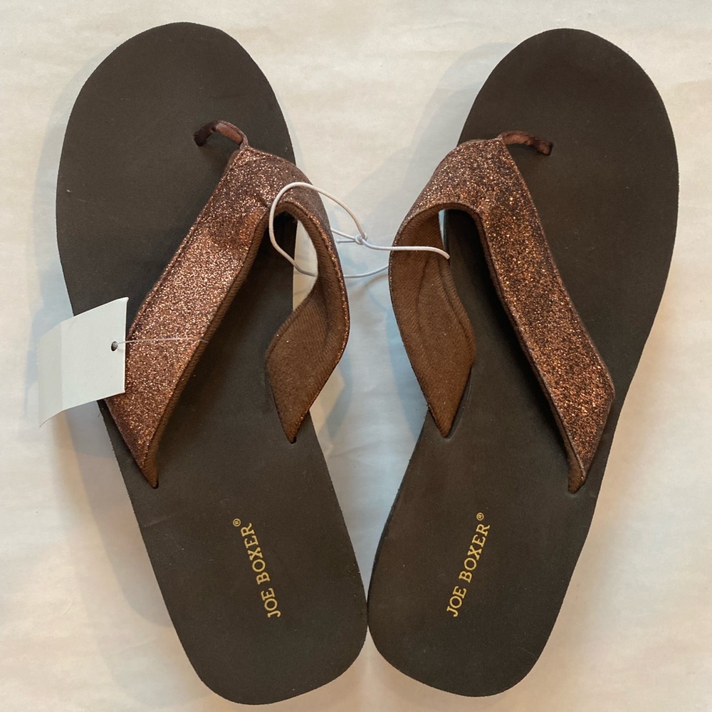 Joe Boxer Women's Merrin Brown Sequin Wedge Slippers Thong Sandal 5/6
